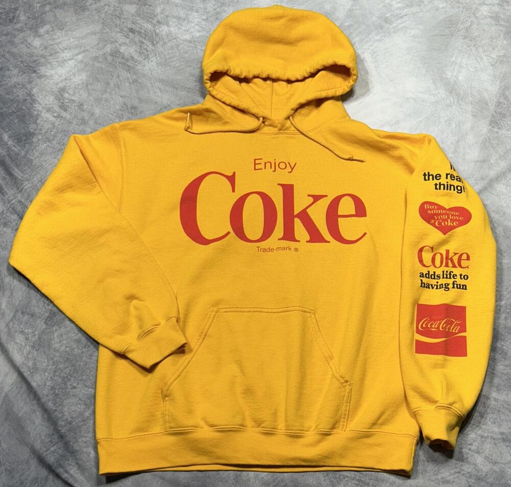 Coca-Cola Hoodie Mens Medium Yellow Fleece Pullover Enjoy Coke Graphic Retro